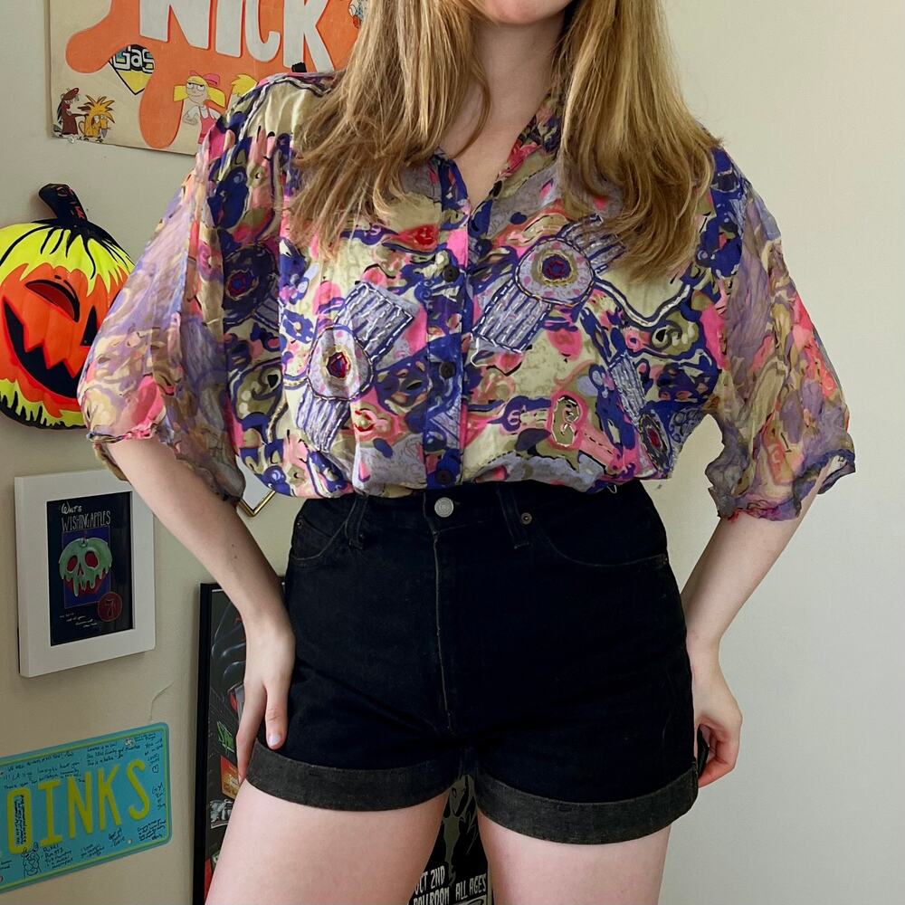 Vintage 1980s Orleon de Paris Abstract Print Whimsical Beaded Blouse Size XL - Picture 4 of 8